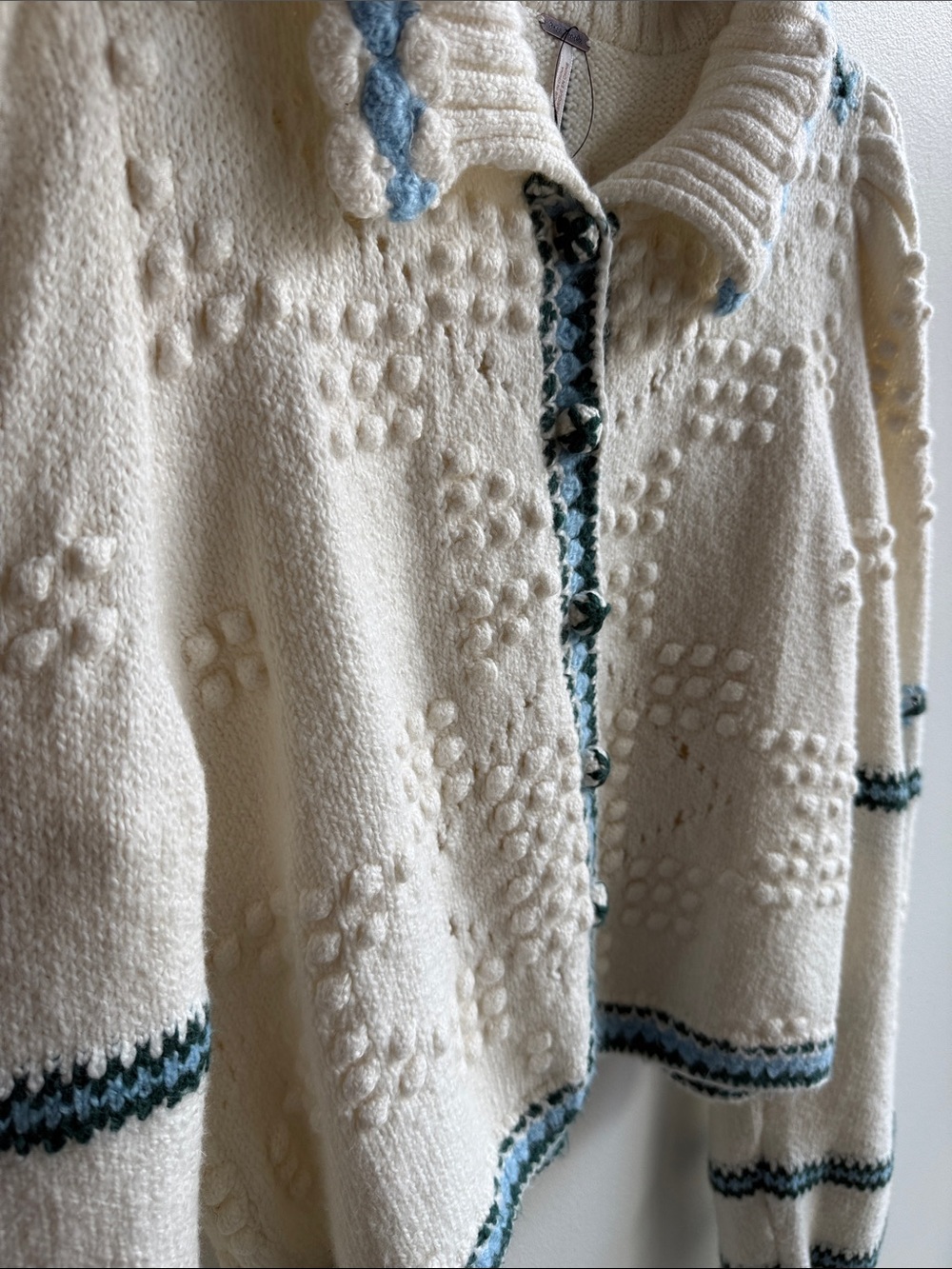 Free People Cream Knit Cardigan with Blue Trim - Picture 3 of 9